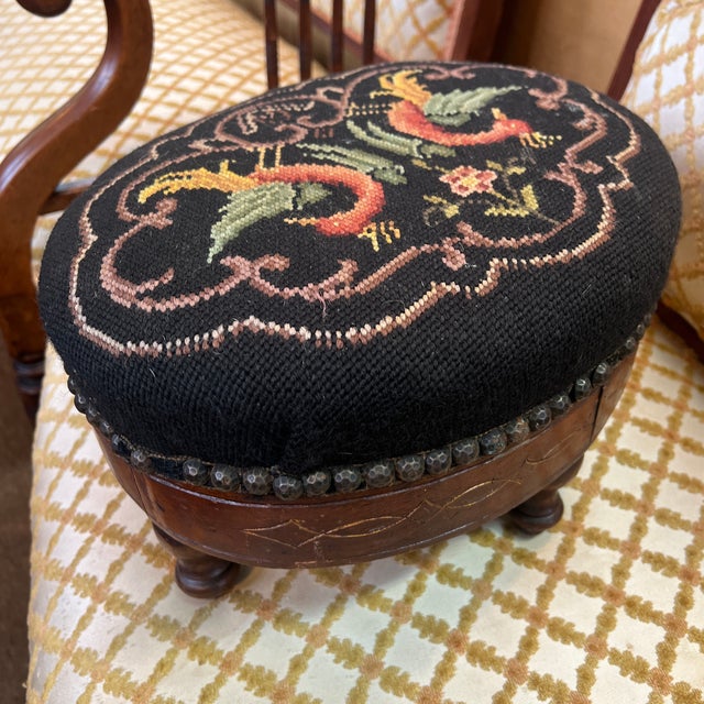 Wood French Needlepoint 19th Century Footstool Rare Phoenix Bird Motif For Sale - Image 7 of 9