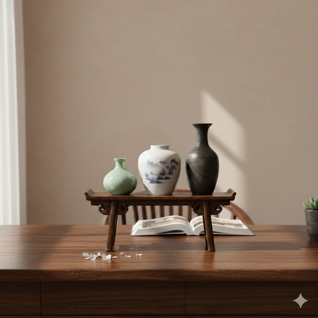 1990s 22" Brown Wood Rectangular Ru Yi Point Edge Display Stand Riser For Sale - Image 5 of 9