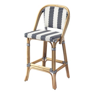 Lila Rattan 28 in. Seat Height Bar Stool with Back and Footrest, White/Navy Stripe/ Natural Rattan Frame For Sale