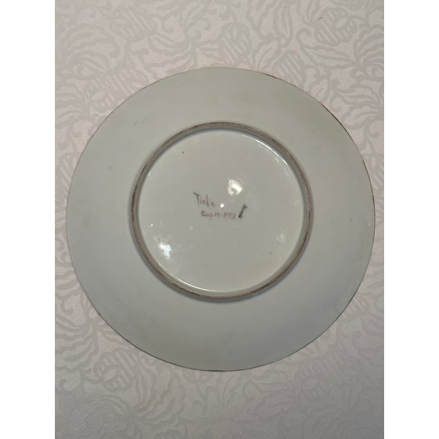 Delft 1913 Art Nouveau Hand-Painted Bavarian Porcelain Monumental Peacock Charger Plate by Emma I. Timlin — 13" For Sale - Image 4 of 5