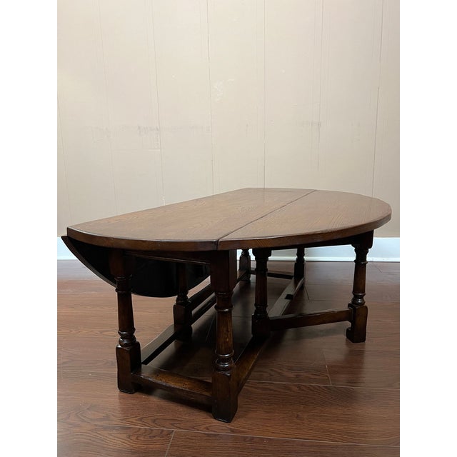 Antique English Oak Coffee Table Drop Leaf Jacobean Wake Table Gateleg C1930 For Sale - Image 13 of 18