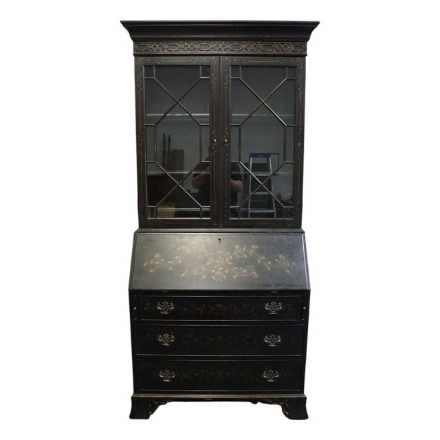 Ethan Allen Newport Collection Contemporary Asian Inspired Black 41" Secretary Desk W. Bookcase Hutch Top 34-9408 For Sale