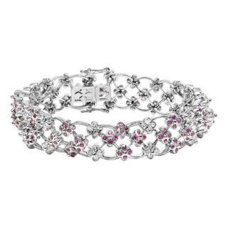 14K White Gold Pink Sapphire and Diamond Floral Lattice Link Bracelet - 7.25" Inches For Sale