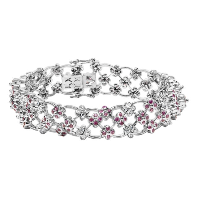 14K White Gold Pink Sapphire and Diamond Floral Lattice Link Bracelet - 7.25" Inches For Sale