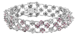 14K White Gold Pink Sapphire and Diamond Floral Lattice Link Bracelet - 7.25" Inches