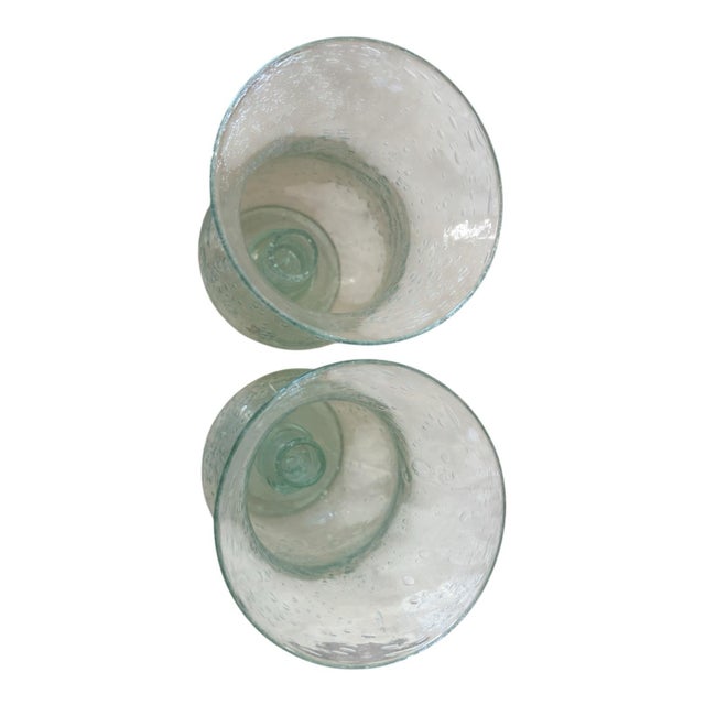 Glass Mid Century French Biot Pale Green 7” Bubble Glass Hurricane Candle Holders / Photophores a Pair For Sale - Image 7 of 7