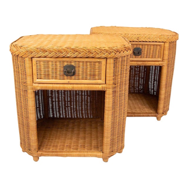 Mid 20th Century Pair of Vintage Rattan Side Tables With Brass Hardware For Sale