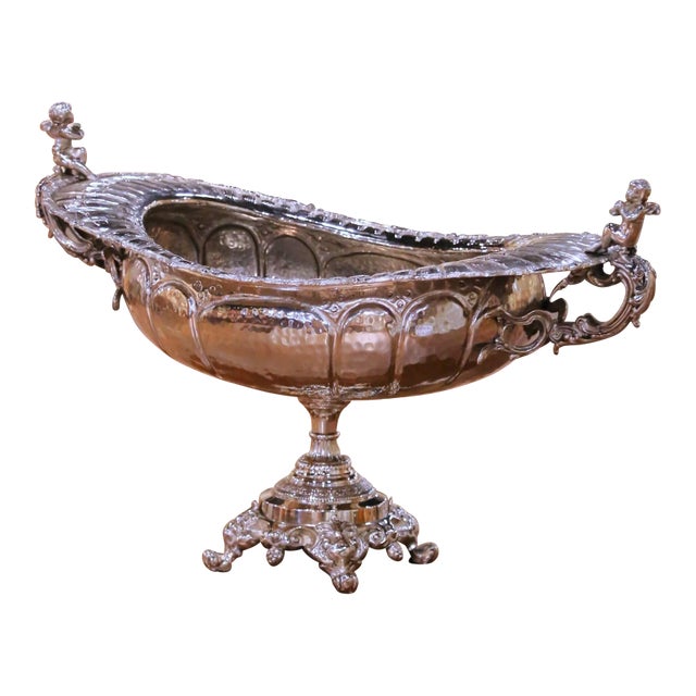 French Rococo Style Silver Plated Wine Chiller With Putti Finial Handles For Sale