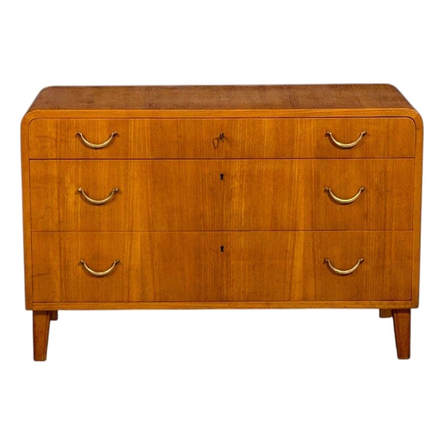 Swedish Modern, Chest of Drawers, Elm, Brass, Sweden, 1940s For Sale