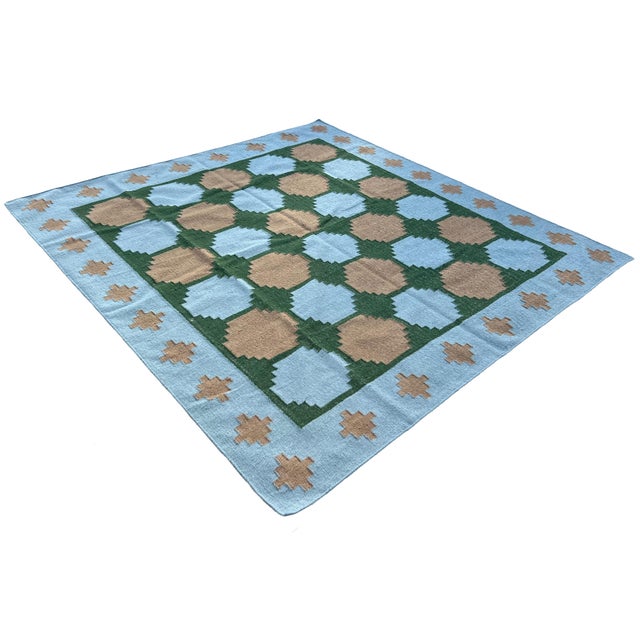 Handmade New Zealand Wool Dhurrie, Sky Blue, Beige and Green Swedish Tile Rug- 78"x88" For Sale - Image 11 of 13
