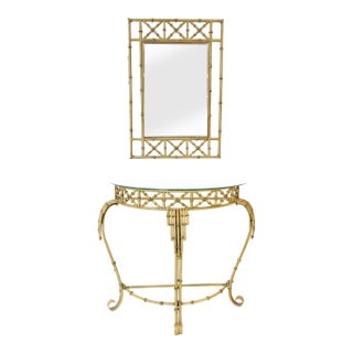 Hollywood Regency Metal Faux Bamboo Demilune Console Table and Mirror - Set of 2 For Sale