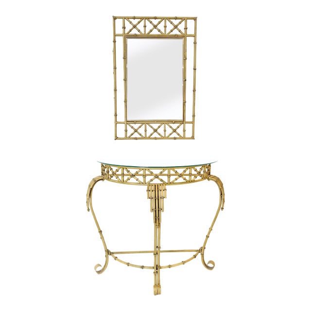Hollywood Regency Metal Faux Bamboo Demilune Console Table and Mirror - Set of 2 For Sale