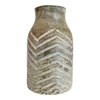 Rustic Blue Green Ceramic Vase With Chevron Carving For Sale