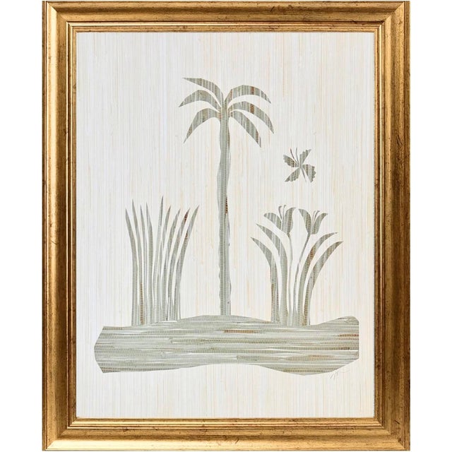 Abstract original grasscloth landscape botanical study in gilded frame with overall dimensions of 18 inches x 24 inches by...