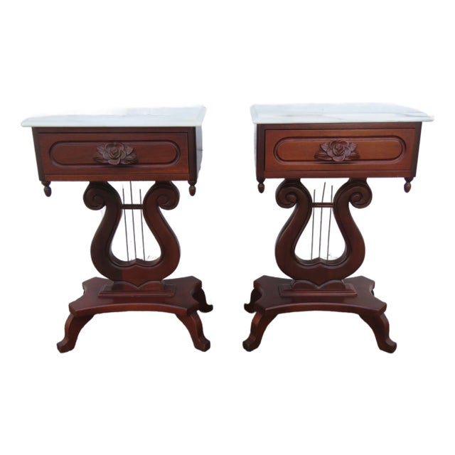 Mid 20th Century Victorian Style Marble Top Harp Design Side End Tables Nightstands a Pair For Sale