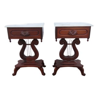Victorian Style Marble Top Harp Design Side End Tables Nightstands a Pair 6240 For Sale