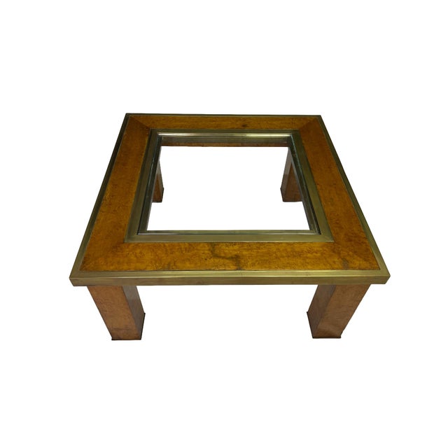 Mid-Century Modern 1950s Olive Ash Burl and Brass Coffee Table With Recessed Glass Insert For Sale - Image 3 of 9