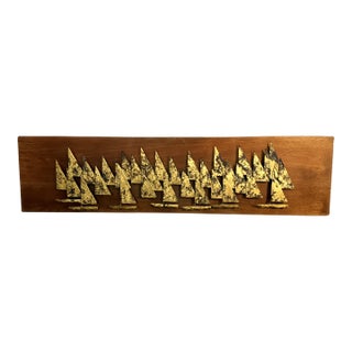 1960s Peter Pepper Brass Sailboats Wall Sculpture on Walnut Panel | Mid-Century Modern California Brutalist Art For Sale