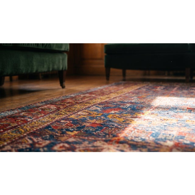Textile 1890s Blue Navy Geometric Tribal Antique N.w. Persian Rug 3'8" X 9'4" Handwoven Wool Carpet For Sale - Image 7 of 9