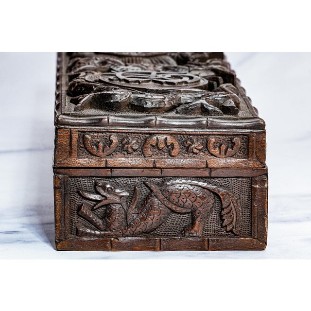 Victorian Hand-Carved Antique Wood Box Asian Chinese Dragon Motif Devonshire Militaria Regiment Crest For Sale - Image 10 of 18