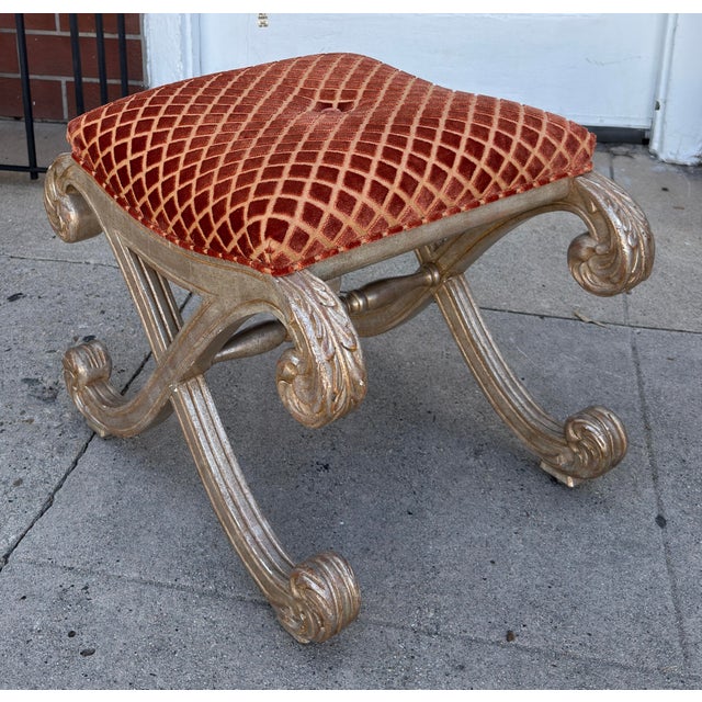 1990s Nancy Corzine Saber Leg Giltwood X Bench W Red Silk Cut Velvet Fabric For Sale - Image 5 of 8