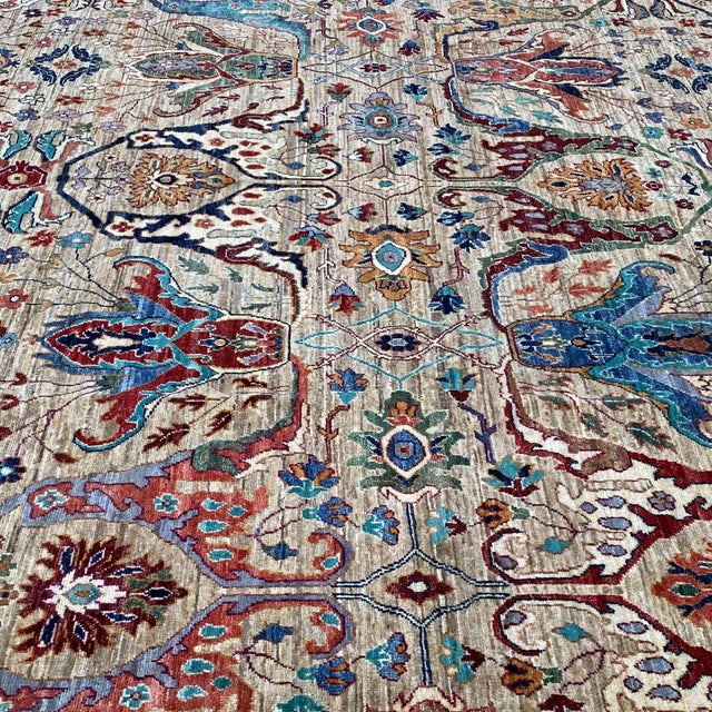 Teal Camel Persian Khorassan Hand-Knotted Wool Rug - 7'9" X 9'9" For Sale - Image 8 of 16