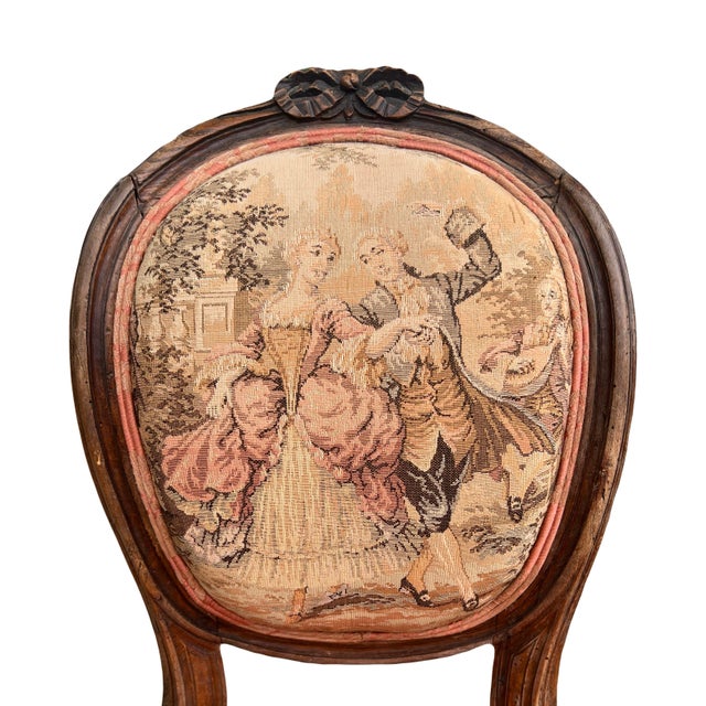 19th Century Antique 19th Century French Louis XVI Style Bergere Parlor Chair in Pink Jacquard Fabric and Pictoral Tapestry Backrest For Sale - Image 5 of 9