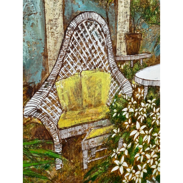 Vintage Coastal Boho Veranda Still Life Wood Framed Oil Painting on Canvas Signed For Sale - Image 10 of 12