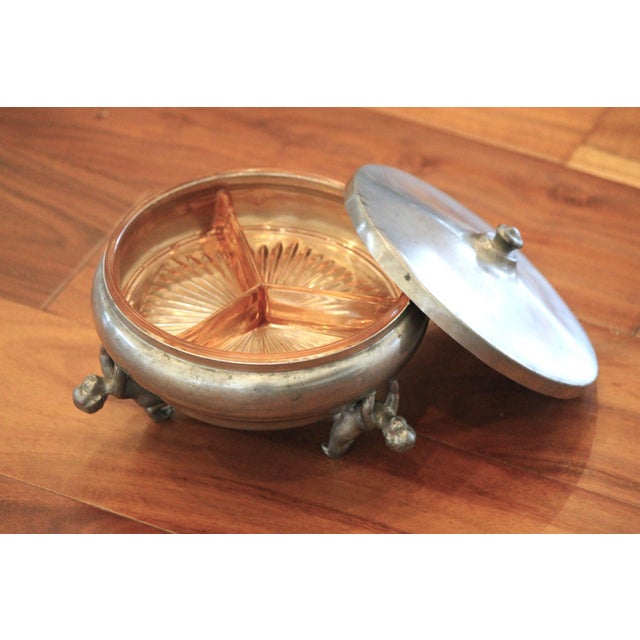 1930s Rare 1930s Starburst Pink Depression Glass Divided Dish, Aluminum, Lidded Carrier For Sale - Image 5 of 9