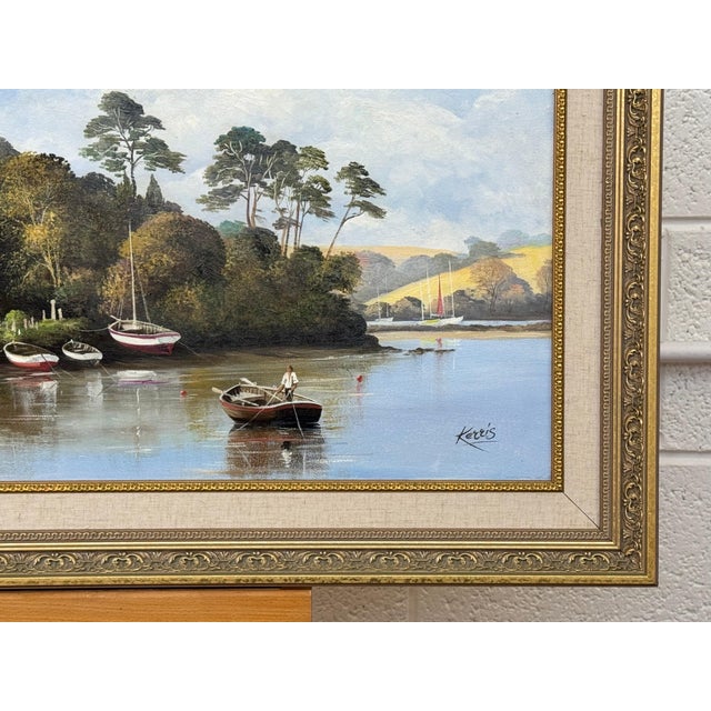 Realism Painting of Church in Cornwall on the English South Coast with Figures & Boats 1985 Circa For Sale - Image 3 of 16