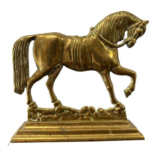 Vintage English Brass Horse Door Stop For Sale
