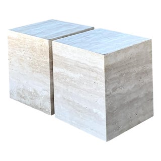 Vintage Travertine Cube Side Tables - A Pair For Sale