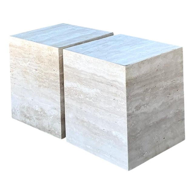 Vintage Travertine Cube Side Tables - A Pair For Sale