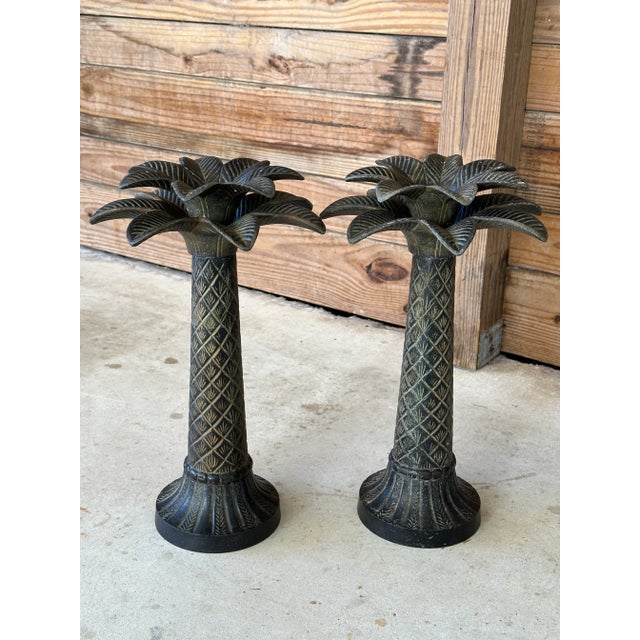 Coffee Coastal Metal Palm Tree Candle Holders-Pair For Sale - Image 8 of 11