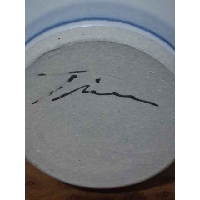 1950s F-005 Mid-Century Studio Pottery Vase - Hand-Painted Blue Grass Motif - Artist Signed For Sale - Image 5 of 5