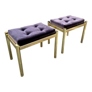 Pair of Vintage Koch Originals, Inc Brass Octagonal Legged and Tufted Velvet Footstools For Sale