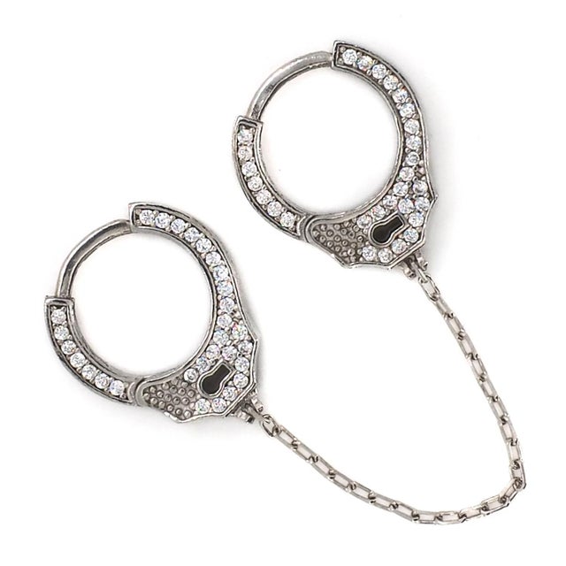 Contemporary Sterling Silver & Diamond Handcuff Design Earrings For Sale - Image 3 of 8