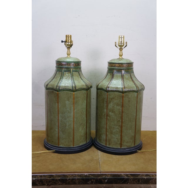 Late 20th Century Chinese Chinoiserie Green Gilt Toleware Tea Canister Caddy Banquet Lamps - a Pair For Sale - Image 14 of 18