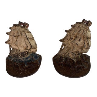 Pair of Antique Nautical Cast Iron Sailboat Bookends With Polychrome Painted Finish For Sale