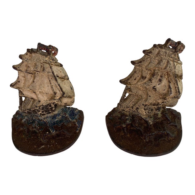Pair of Antique Nautical Cast Iron Sailboat Bookends With Polychrome Painted Finish For Sale