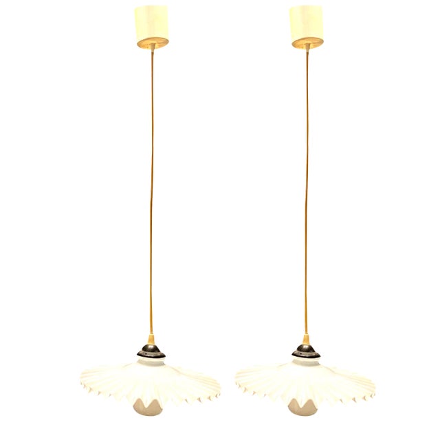 Opaline Pleated Glass Light Pendants, Set of 2 For Sale