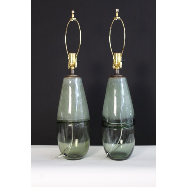 Green Mid 20th Century Mezza Murano Style Sage Green Lamps - a Pair For Sale - Image 8 of 11