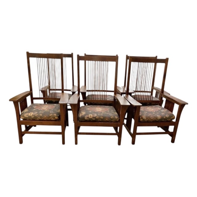 Set of 6 Stickley Mission Oak Arm Chairs With Cushions For Sale