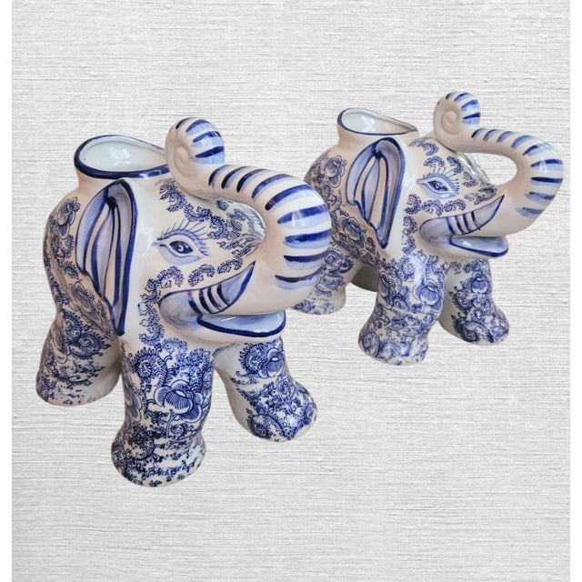 1990s 1990s Chinoiserie Blue and White Regency Large Elephant Planters- A Pair For Sale - Image 5 of 8