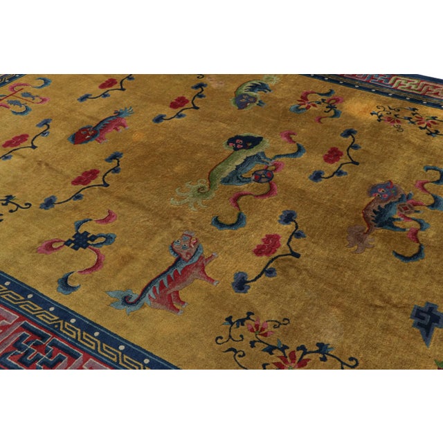 Hand-knotted in wool circa 1920-1930, this 9x11 antique 9x11 Indochinese Art Deco rug is a rare and exciting curation from...