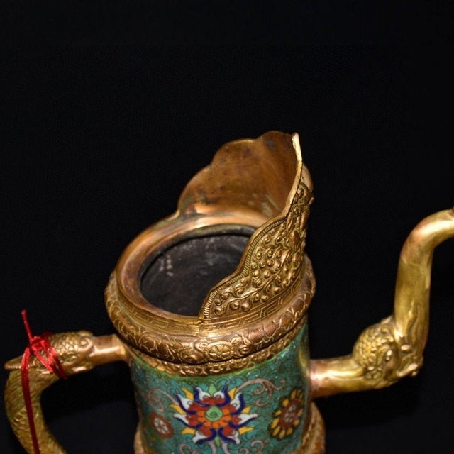 Blue Vintage Asian Cloisonné Gilt Bronze Tibetan Butter Tea Pot - Himalayan Monk's Ewer For Sale - Image 8 of 9