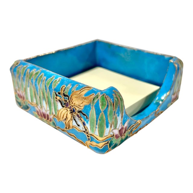 Vintage Chinese Cloisonné Memo Holder With Dragonfly and Lotus Motif, Turquoise Enamel Desk Accessory For Sale