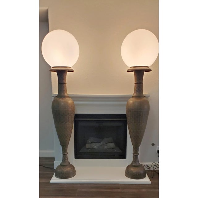 Early 20th Century Enameled Bronze Middle Eastern Globe Floor Lamps Palace Vases With Floral Design - a Pair For Sale - Image 4 of 13