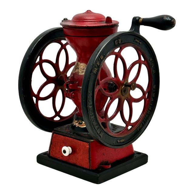 Rare Small 12.75 Inch Tall Antique Enterprise Philladelphia MFG Co. #2 Cast Iron Hand Crank Coffee Grinder in Excellent Original Paint. For Sale