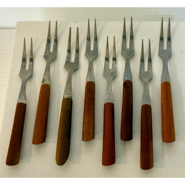 Vintage Japanese Mid-Century Stainless & Wood Cocktail Forks — Set of 9 For Sale - Image 4 of 11